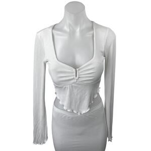 Steele White Ribbed Knit Long Sleeve Lettuce Edge Asymmetric Crop Top Size XS